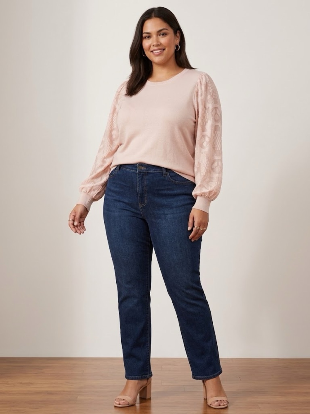 Rio & Rian Women’s Sweater in Blush Pink with Texture pattern Sleeves Size 2X